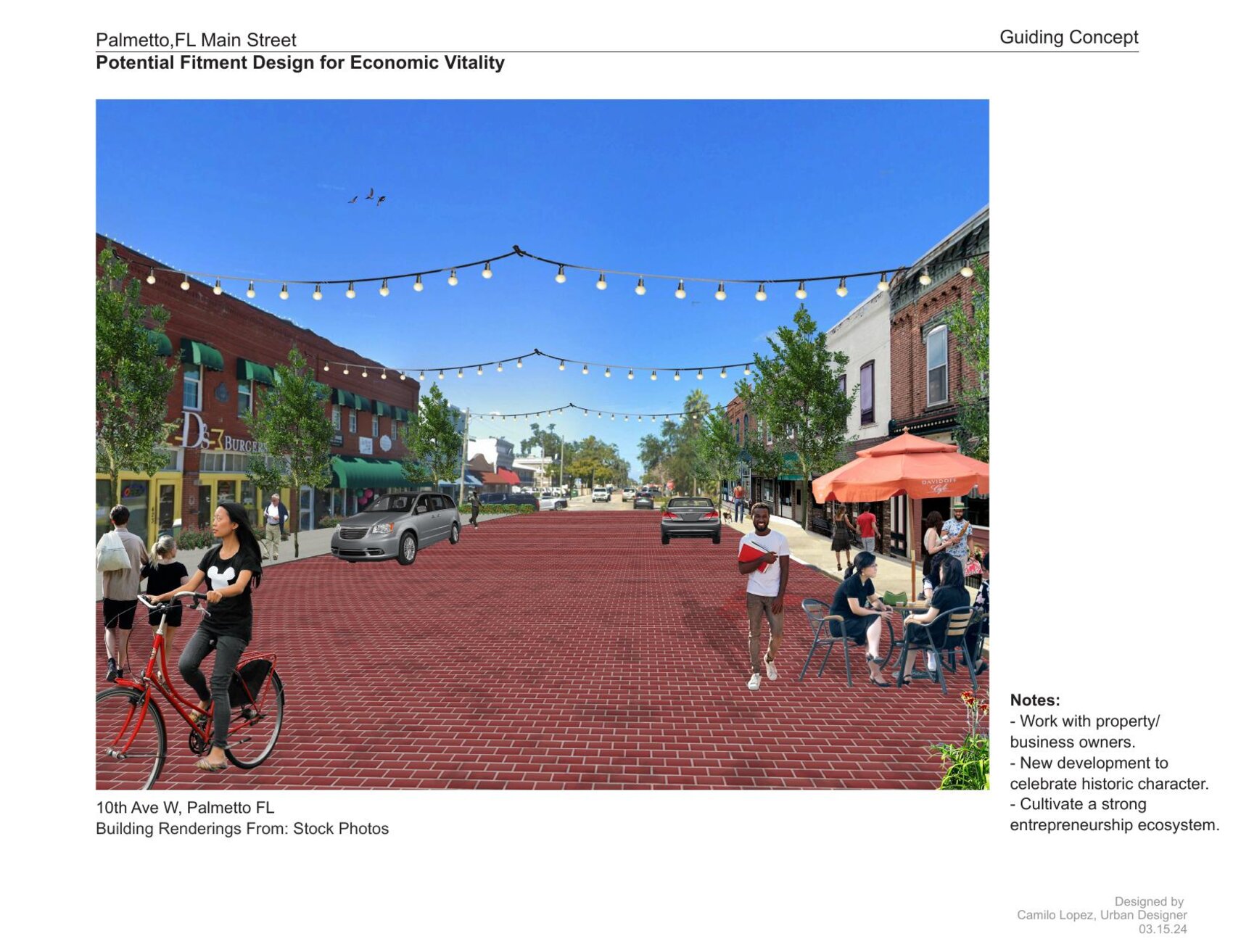 Main Street placemaking vision for 10th Avenue W — a walkable, dining-friendly street with string lights, outdoor seating, and infill that celebrates Palmetto's historic character. Illustrative, BusinessFlare®.